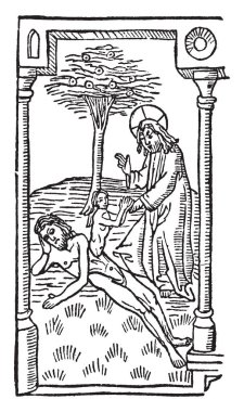 Zemin ve çocuğun onu başka bir adamla, ağaç arka plan, vintage çizgi çizme veya oyma illüstrasyon konuşurken yanında uyuyan bir adam