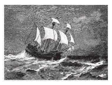 Mayflower was an English ship that famously transported the first English Puritans known today as the Pilgrims from Plymouth, vintage line drawing or engraving illustration. clipart