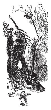 Dev 's bacak, bir devin ayak ve bacak, vintage çizgi çizme veya oyma illüstrasyon çevresinde küçük insanlar bu resmi gösterir