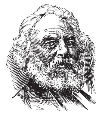 Henry Wadsworth Longfellow, 1807-1882, o bir ABD'li şair ve eğitimci Paul Revere'nın yolculuğu, Hiawatha şarkı ve Evangeline, vintage çizgi çizme veya oyma illüstrasyon yapıtları dahil oldu