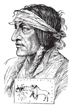 Oturan boğa, 1837-1890, o bir Hint Sioux, vintage çizgi çizme veya oyma illüstrasyon savaşçıydı