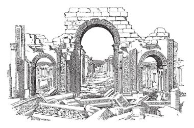Palmyra Suriye Çölü, vintage çizgi çizme veya oyma illüstrasyon kalbinde yer alan bir antik şehir kalıntıları.