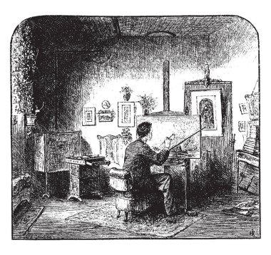 Adam boyama kez iki diğer inşaat ile gruplandırılmış, destek resim sergisi içeriği için böyle yüzeyler duvar ve kağıt, vintage çizgi çizme veya oyma illüstrasyon olarak.