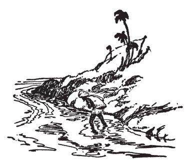 Karayolu ile yapılan posta, bu sahne su ve hill, vintage çizgi çizme veya oyma illüstrasyon... bir adam gösterir.