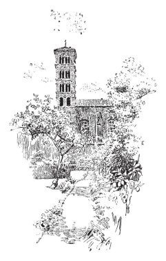 S. Alessio, S. Sominic'ın portakal ağacı, Campanile çan tutmak için tasarlanmıştır, kule yaygın bir kilise, vintage çizgi çizme veya oyma illüstrasyon parçası gibi hizmet verir.