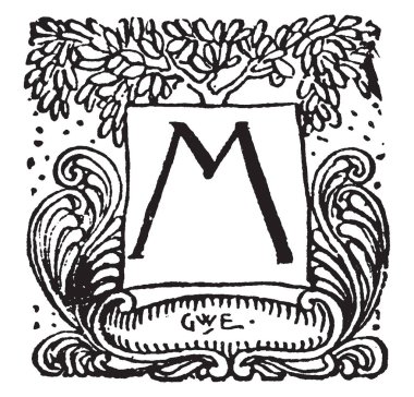 Ağaç, vintage çizgi çizme veya oyma illüstrasyon ile bir büyük harf M