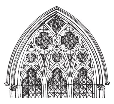 Meopham Church, geniş ve yuvarlak başlı basit, sivri kemer Gotik pencere, vintage çizgi çizme veya oyma illüstrasyon ile oyma olduğunu.