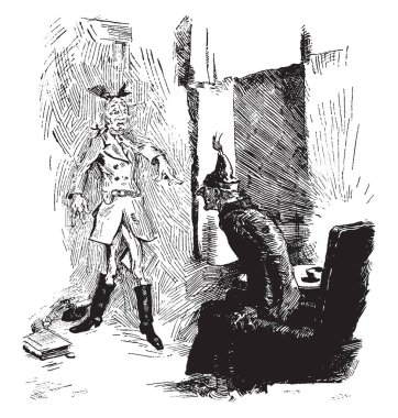 Christmas Carol, bu sahne sandalye ve diğer adam ona doğru işaret ve onu, vintage çizgi çizme veya oyma illüstrasyon önünde ayakta oturan yaşlı bir adam gösterir.