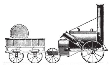 Roket G. Stephenson, vintage illüstrasyon kazınmış. Endüstriyel ansiklopedi E.-O. Lami - 1875