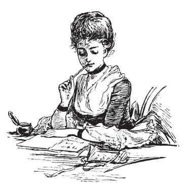 Mektup yazma veya yazmak bir mektup yazmak açıklayıcı kağıt, aralığı, yazı tipi, selamlama, vintage çizgi çizme veya oyma illüstrasyon.