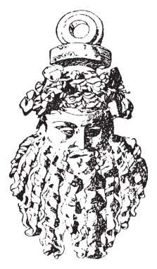 Bacchus maske parçası bir gemi ya da kap, vintage çizgi çizme veya oyma illüstrasyon.