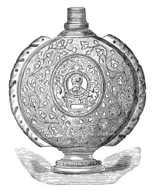 Mavi ve beyaz kumtaşı şişeye, vintage illüstrasyon kazınmış. Endüstriyel ansiklopedi E.-O. Lami - 1875