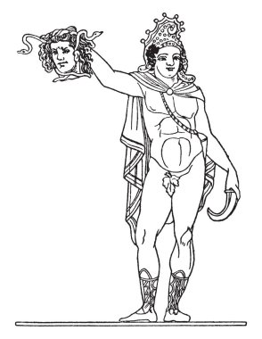 Bu çerçevede var bir adam heykeli, o bir kılıç elinde sağ elinde ölü adamın kafasını, vintage çizgi çizme veya oyma illüstrasyon.