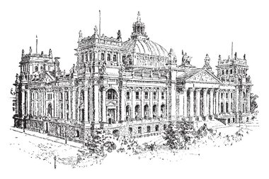 Reichstag heykeller oymalar ve altın varak, vintage çizgi çizme veya oyma illüstrasyon ile dekore edilmiş muhteşem bir yapı olduğunu.