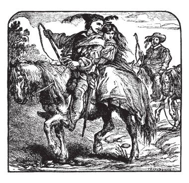 At ve at binicisi arka plan, vintage çizgi çizme veya oyma illüstrasyon kadın ve erkek birlikte binme