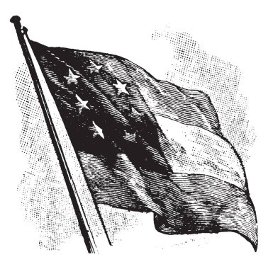 Bir bayrak direği Konfederasyon bayrağı, bu bayrak üç yatay çizgili koyu alternatif ve beyaz, üst sol köşe oval şekil, çizim için vintage veya oyma illüstrasyon 7 yıldız vardır