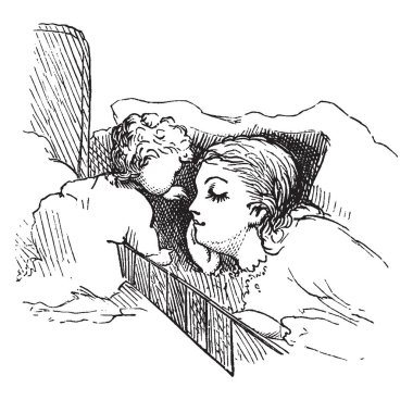 Uyanma onun annesi, vintage çizgi çizme veya illüstrasyon oyma bir bebek