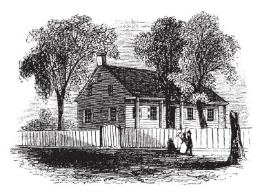 Washington'ın baş-çeyrek. White Plains, ordu iken Washington tarafından işgal ev henüz duruyor. Yolun iki mil köyün, yukarıda Doğu tarafındaki vintage çizim için bina, veya illüstrasyon oyma bir çerçeve.