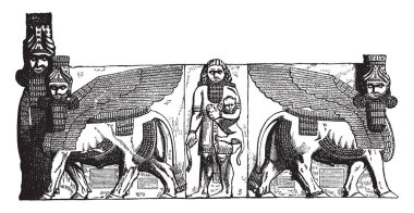 Khorsabad, Mısır, heykel, çizim için kanatlı bull, vintage veya oyma illüstrasyon ağ geçidi.