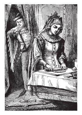 Kraliçe pişirme ve bazı tart yaptım, onda ellerini pin ve ona arkadan bakarken, vintage çizgi çizme veya oyma illüstrasyon dostum haddeleme kupa kızı, bu sahne gösterir