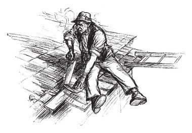 Testere ile kesme ve zona, vintage çizim için sabitleme veya illüstrasyon oyma bir çatıda bir adam