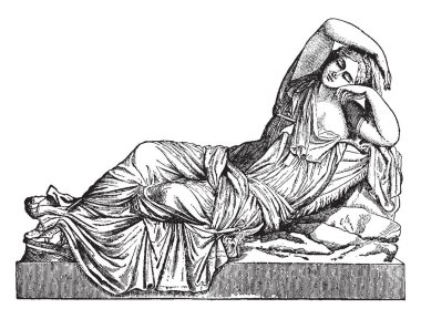 Yunan tanrısı Ariadne üzgün ruh hali, vintage çizgi çizme veya oyma illüstrasyon ünlü portresi.