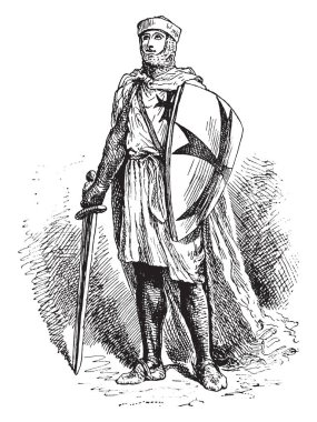 Knight Templar with shield and sword, vintage line drawing or engraving illustration clipart