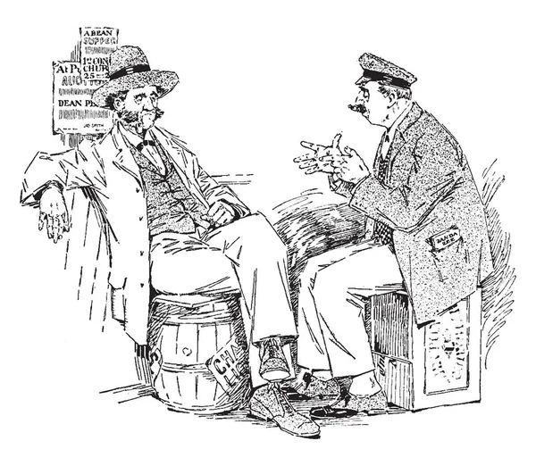 Dva Muži Sedí Sudy Hovořit Retro Kreslení Čar Nebo Gravírování — Stockový vektor