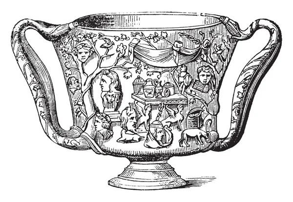 钙是一个烧杯或饮料杯 在很小的时候被希腊人使用 它被广泛用于葡萄酒或牛奶或血液和蜂蜜的饮酒 复古线条画或雕刻插图 — 图库矢量图片