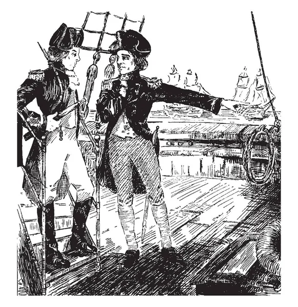 两个人站在船上的水和谈话 船在背景 复古线条画或雕刻插图 — 图库矢量图片