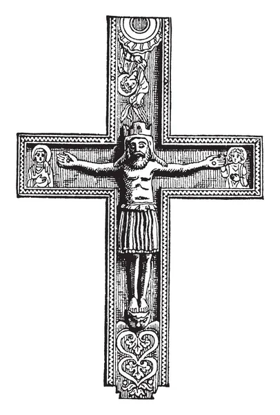 十字架は彫像 ビンテージ ライン描画または彫刻イラストでクロス — ストックベクタ