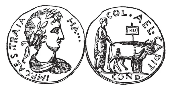 入植者従軍記章 ビンテージの線画と牛を運転やイラストを彫刻があるエルサレムのメダル — ストックベクタ