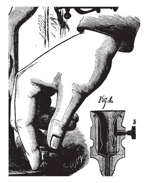 手连接电线到爱迪生灯泡在这张图片 复古线条画或雕刻插图 — 图库矢量图片