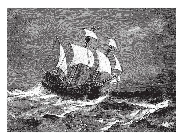 五月花是一艘英国的船 著名的运输第一个英国清教徒今天已知的朝圣者从普利茅斯 复古线条画或雕刻插图 — 图库矢量图片