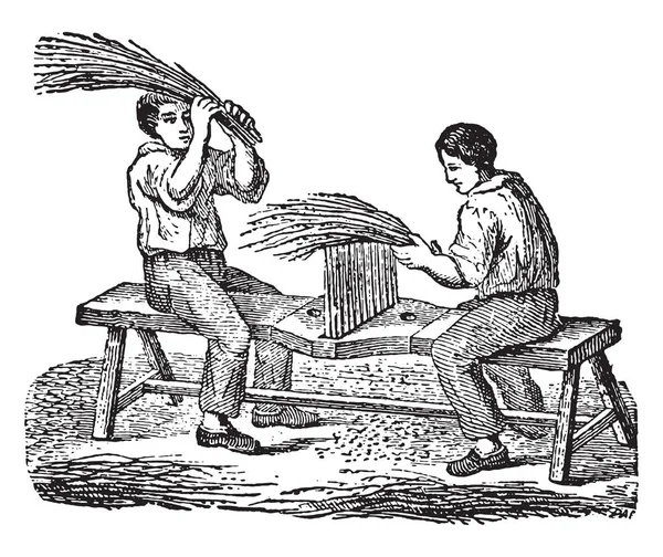 Travailleurs Doigté Peigne Lin Illustration Gravée Vintage Encyclopédie Industrielle Lami — Image vectorielle