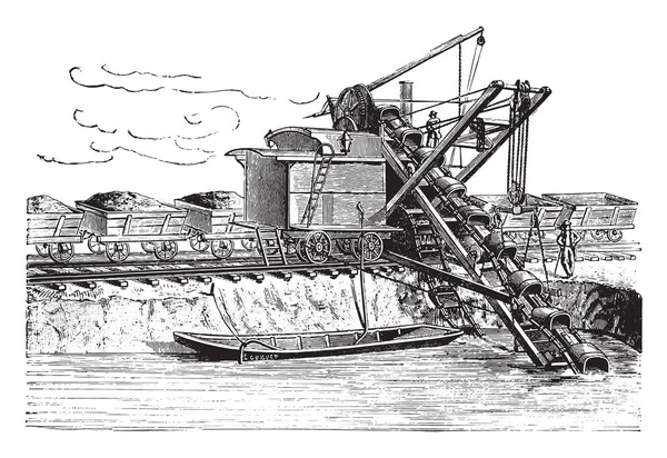 Escavadora Usada Cavando Nova Cama Danúbio Ilustração Gravada Vintage Enciclopédia — Vetor de Stock