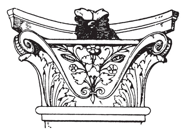 Corinthian Pilaster Capital, pilaster шире пропорционально своей высоте, окружен искусственными листьями, итальянским дизайном эпохи Возрождения, винтажным рисунком линии или завораживающей иллюстрацией
.