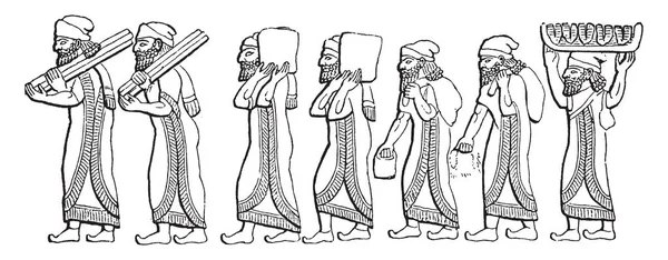 Zeile Der Hieroglyphen Zeigt Arbeitende Männer Vintage Linienzeichnung Oder Gravierillustration — Stockvektor