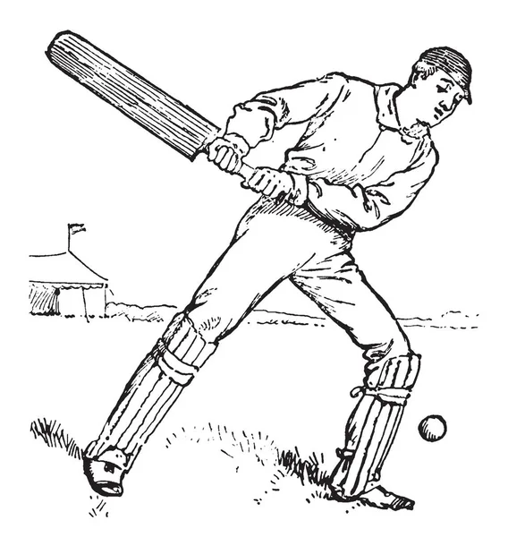 Batsman Hitting Ball Cricket Field Vintage Line Drawing Engraving Illustration — Stock Vector