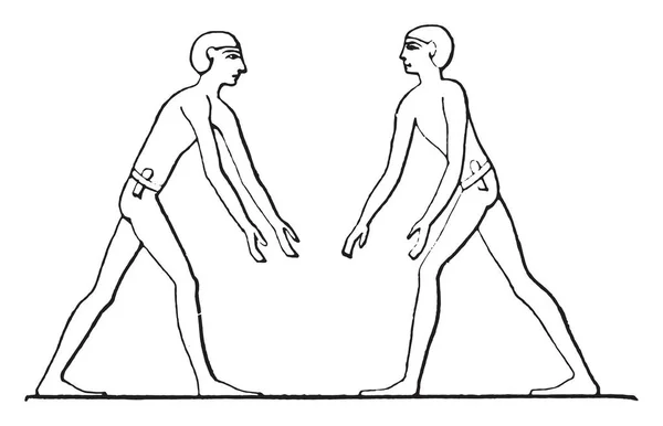 Dia Melangkah Pegulat Terhadap Satu Sama Lain Ilustrasi Kuno Terukir - Stok Vektor