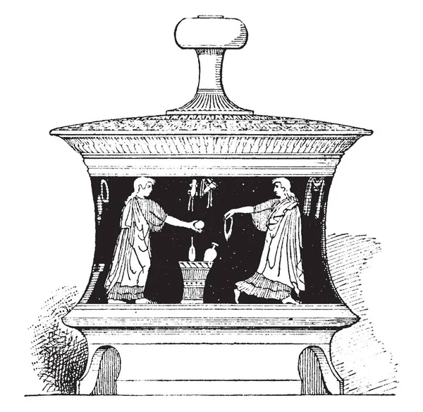 罗盘座是一种圆柱形花瓶或盒子的盖子 它特别用于妇女 复古线条绘画或雕刻 — 图库矢量图片