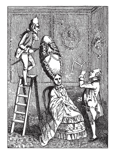 Смешной вкус или женский абсурд, где одна из многих карикатур экстравагантной моды в головном уборе обоих полов в течение восемнадцатого века, винтажные линии рисунок или гравировка иллюстрации
.