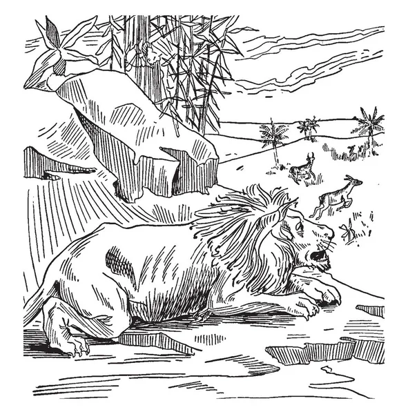 Lion Assis Sur Sol Deux Animaux Courant Des Arbres Arrière — Image vectorielle