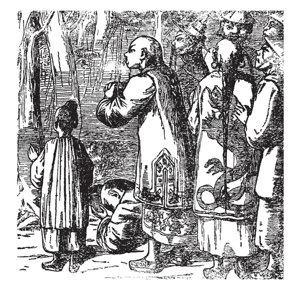 这张照片显示的是带着孩子在森林里祈祷的人 复古的线条画或雕刻插图 — 图库矢量图片