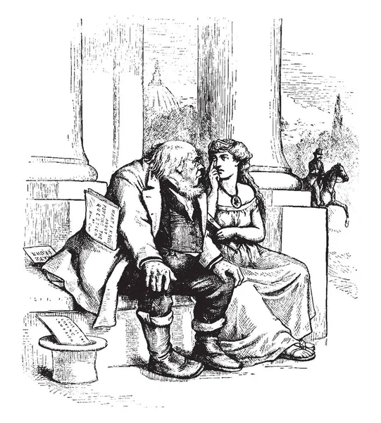 Una Mujer Mostrando Ojo Con Mano Hombre Sentado Cerca Ella — Vector de stock