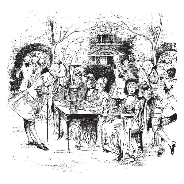 Festa Chá Colonial New England Desenho Linha Vintage Gravura Ilustração — Vetor de Stock
