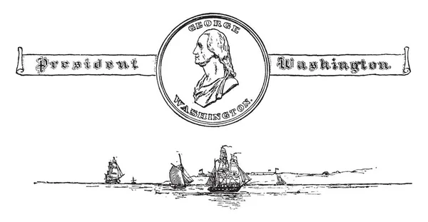 在海战的时候乔治 华盛顿的图片在硬币 复古线图画或雕刻例证 — 图库矢量图片
