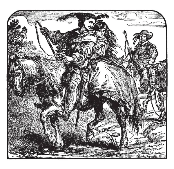 Мужчина Женщина Вместе Верхом Лошади Всадника Заднем Плане Рисунок Винтажной — стоковый вектор