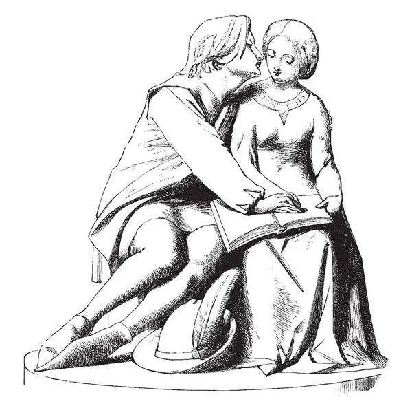 彫刻が有名なイタリアの詩人ダンテ アリギエーリ ビンテージの線描画や彫刻イラストによる架空のシーン — ストックベクタ
