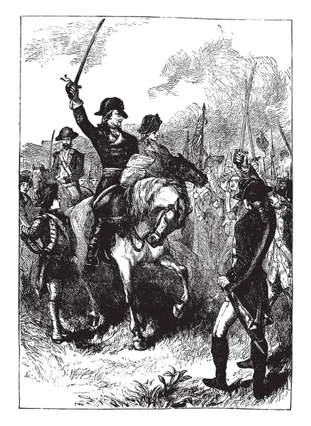 剣を持つ兵士や馬 ビンテージの線描画や彫刻イラストに乗っていくつかの兵士のグループ — ストックベクタ